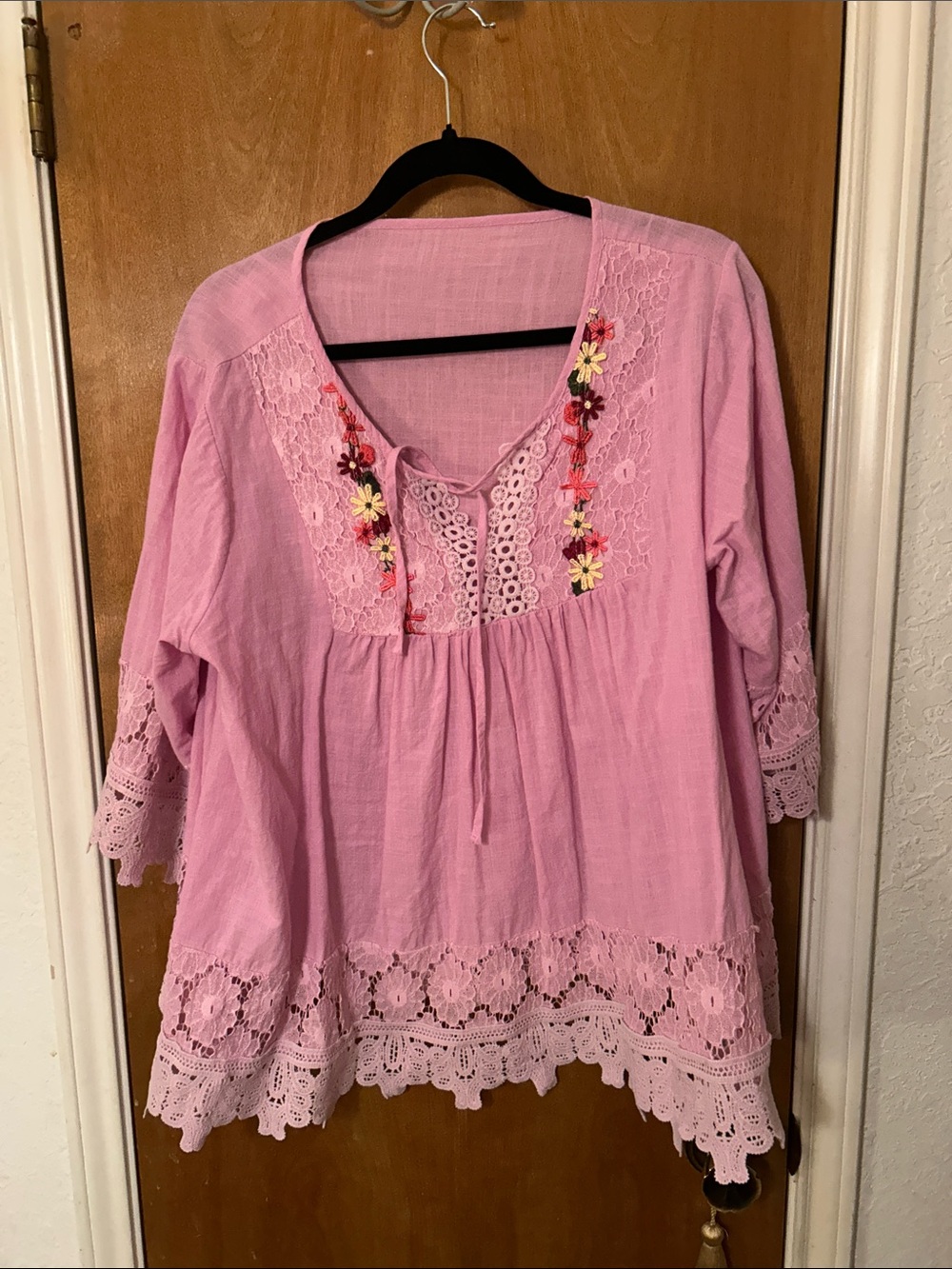 Pink Lace-Trim Peasant Top - Women. 1X